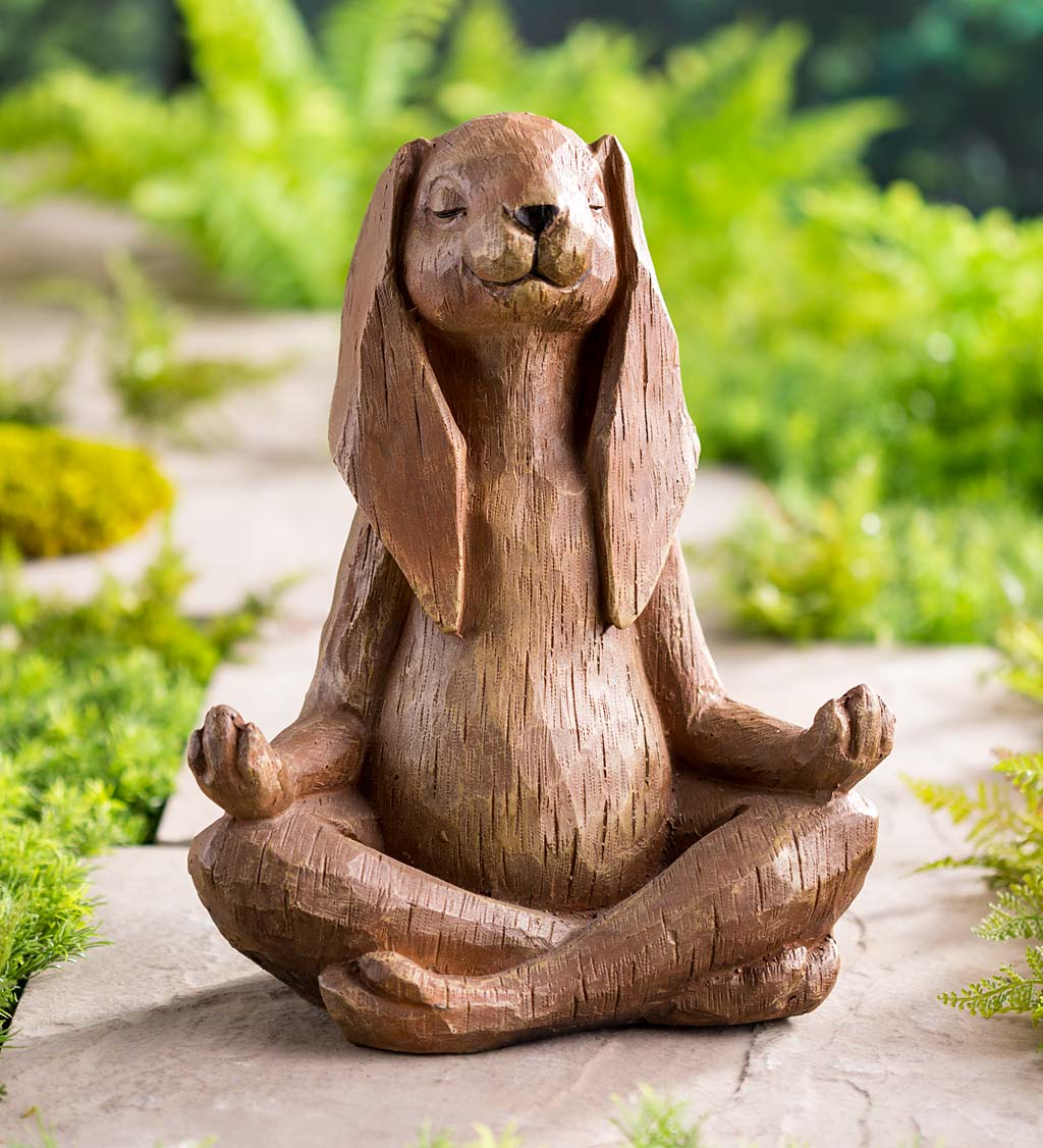 Yoga-Pose Rabbit Resin Garden Statue With Look of Carved Wood