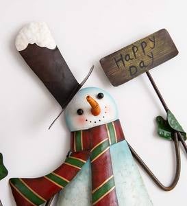 Metal Snowman Holding A Gift and A Sign Holiday Wall Decoration