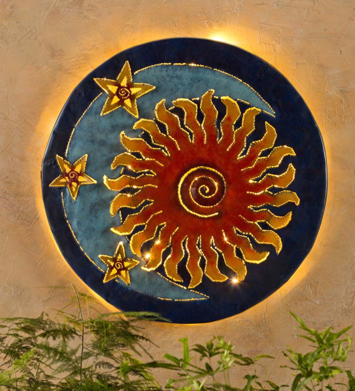 Handcrafted Glowing Sun And Moon Metal Wall Art | Wind and Weather
