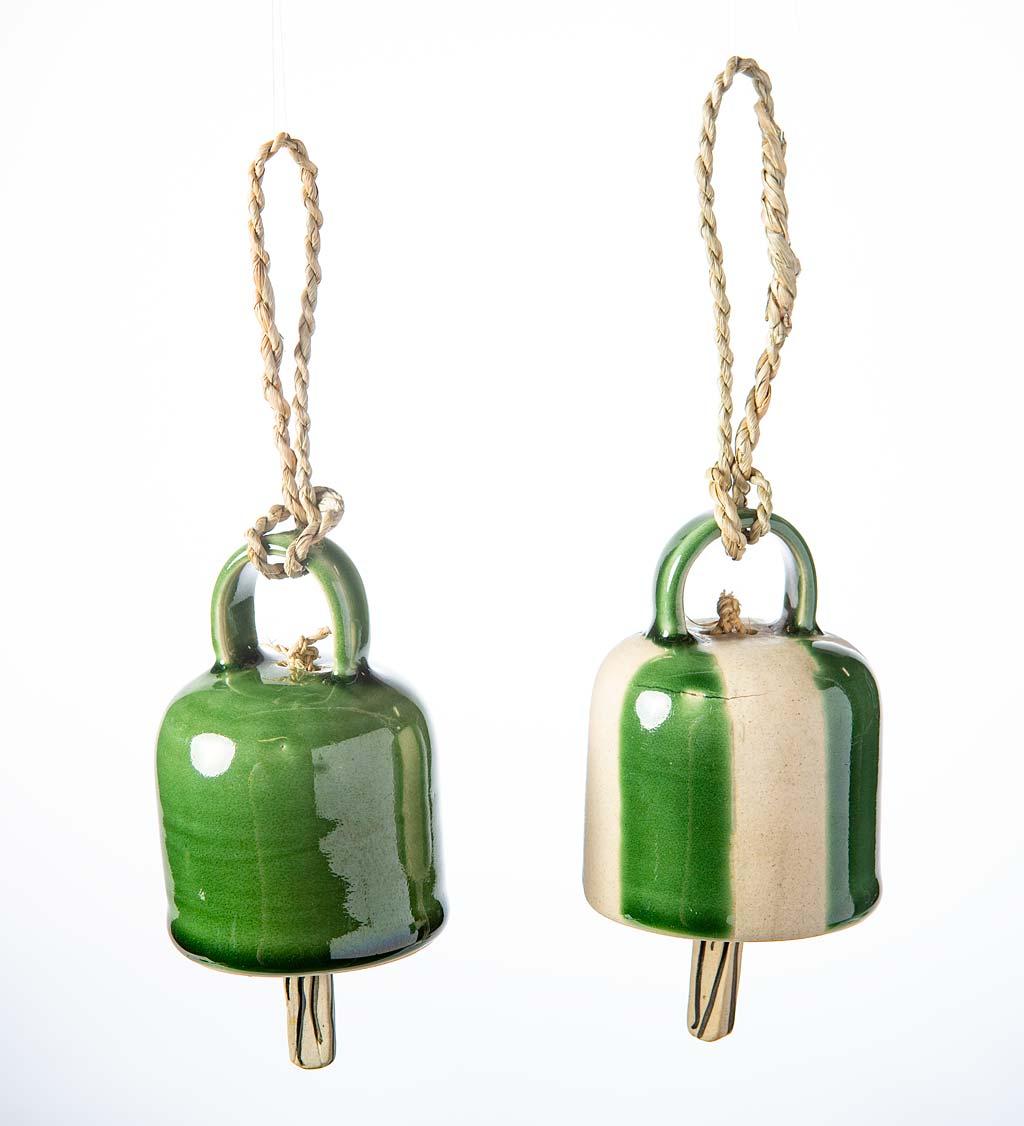Handcrafted Ceramic Bells with Fiber Hanging Cord, Set of 2