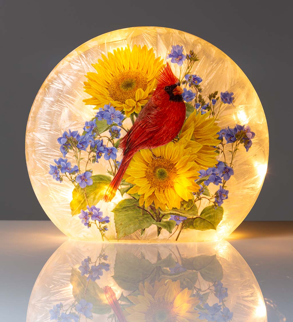 Lighted Cardinal with Sunflowers Crackled Glass Tabletop Art
