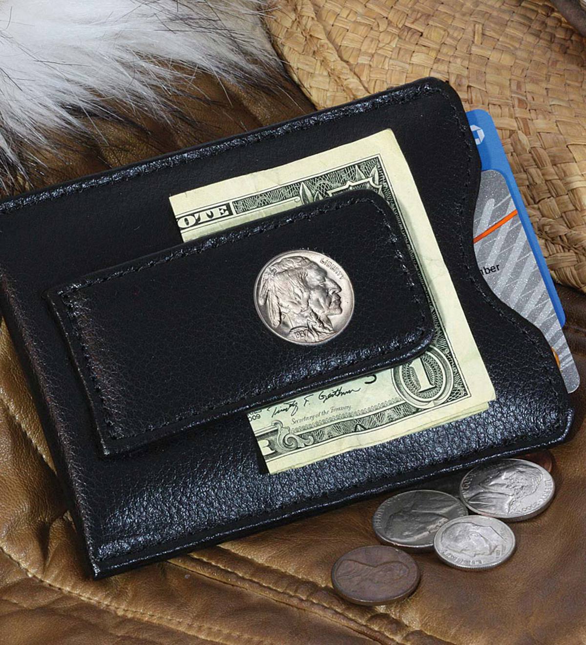 Leather Money Clip Wallet with Buffalo Nickel