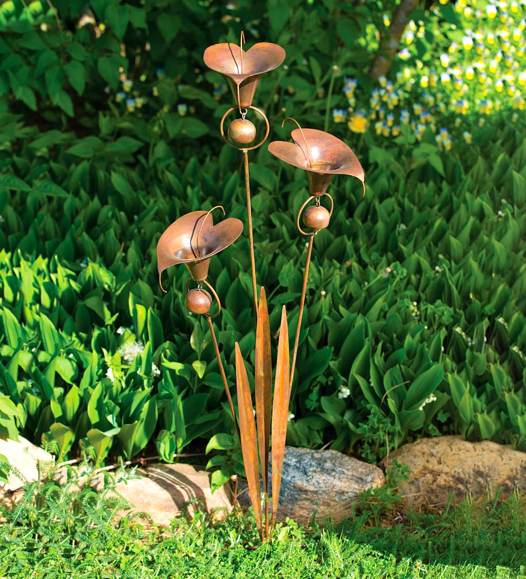 Flamed Copper Three Calla Lilies Garden Stake with Bells
