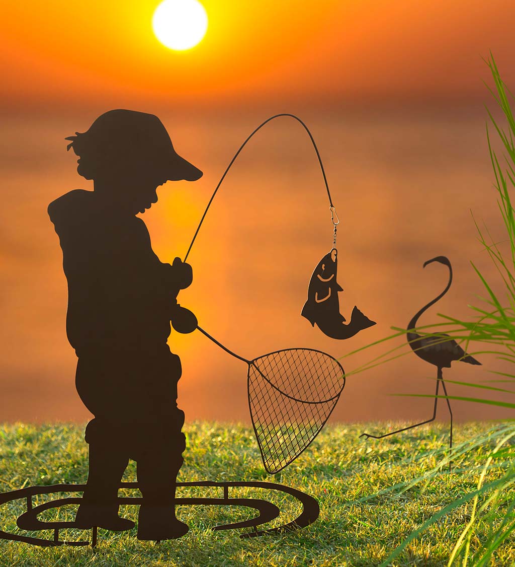 Boy Fishing Silhouette Metal Garden Stake