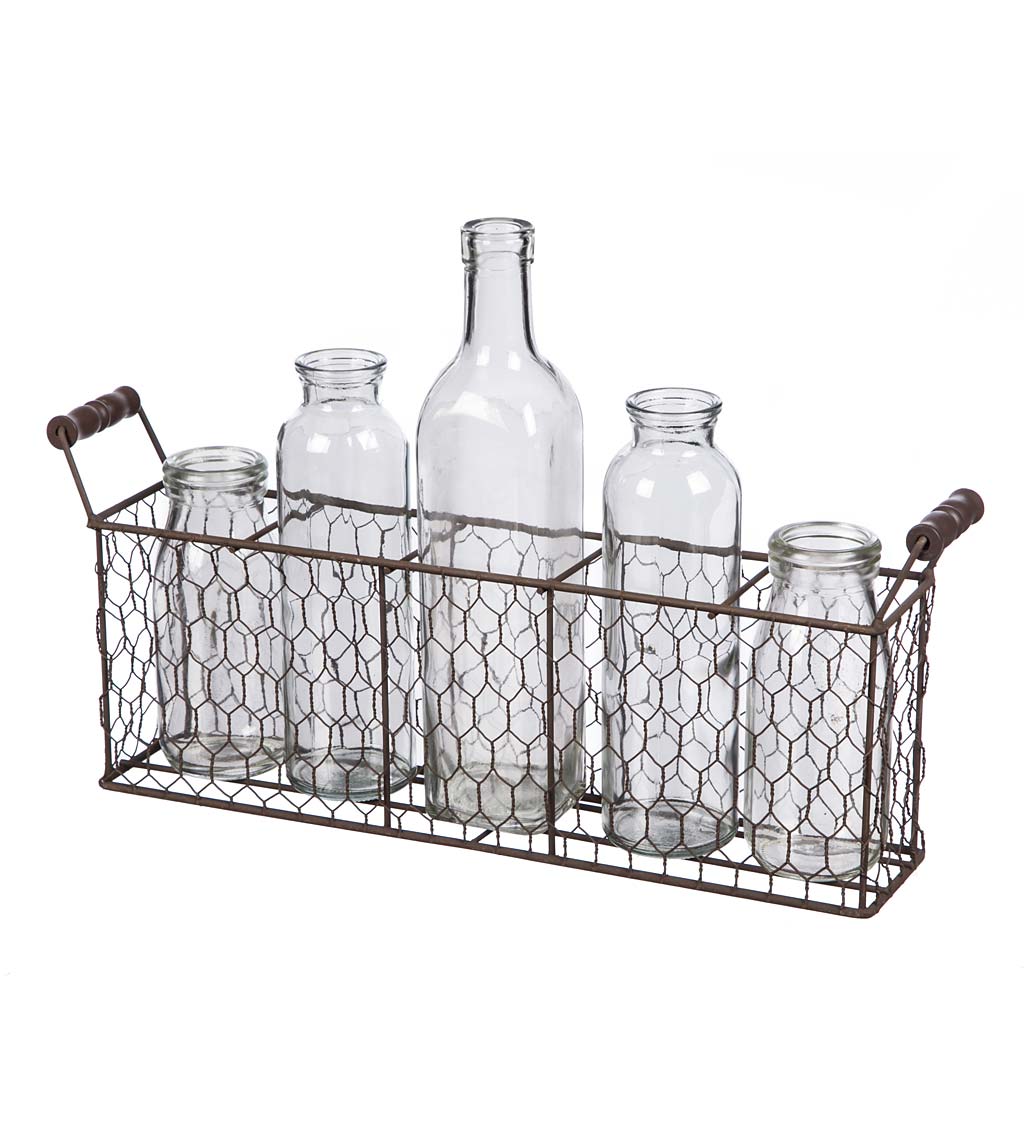 5 Glass Bottles Chicken Wire Metal Basket Farmhouse Decor 