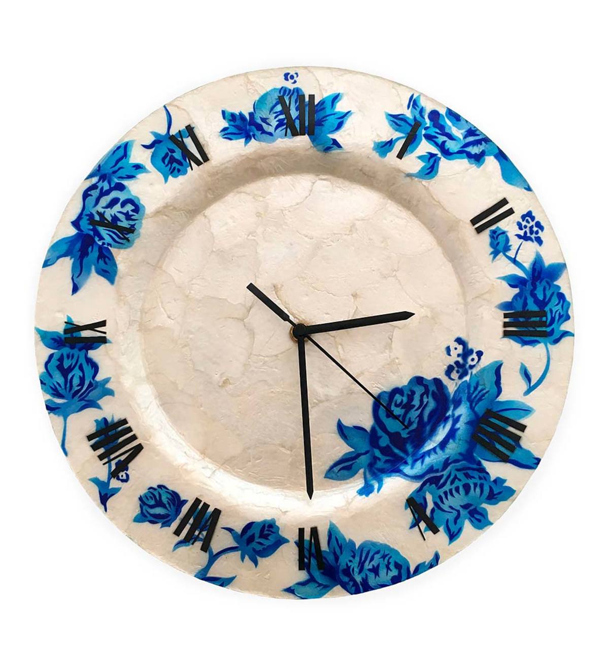 Capiz Wall Clock with Blue Flowers