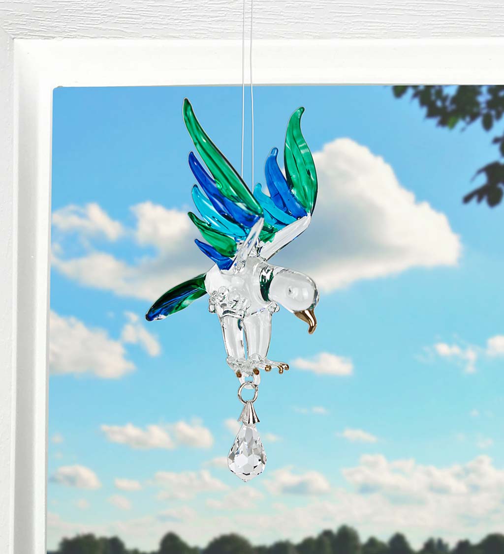 Handcrafted Blue and Green Glass Eagle Sun Catcher with Crystal