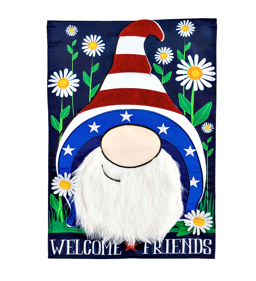 Americana Gnome Welcome Friends Applique Garden Flag