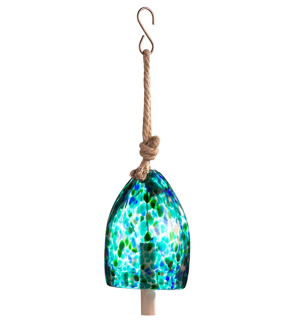 Colorful Mouth-Blown Glass Bell with Jute Hanging Rope and Poplar Wood Clapper
