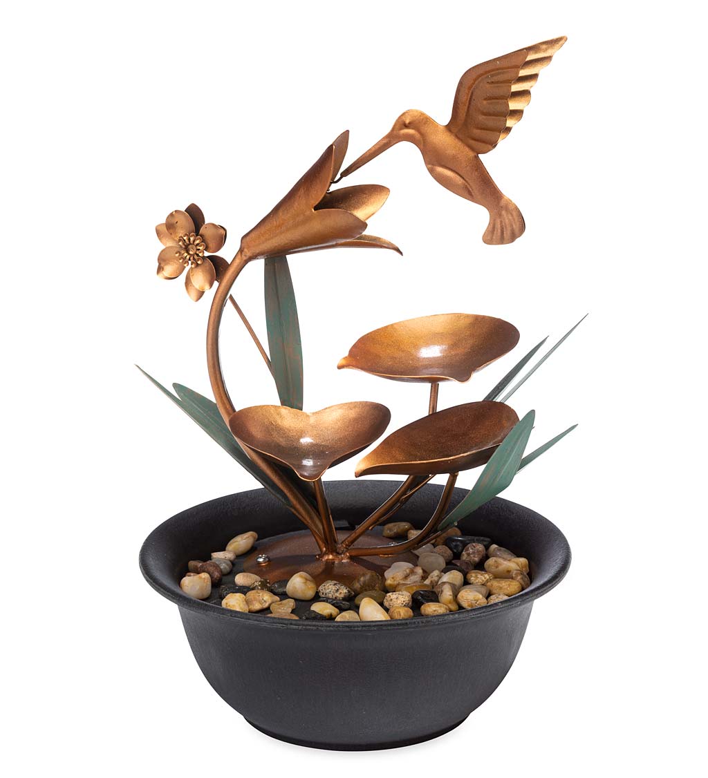 Indoor Hummingbird and Flowers Metal Fountain with River Rocks