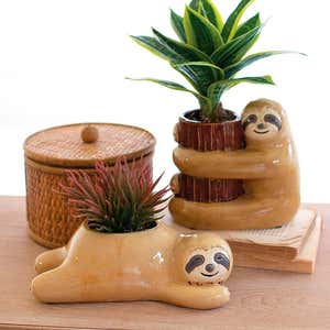 Whimsical Ceramic Smiling Sloth Planters, Set of 2