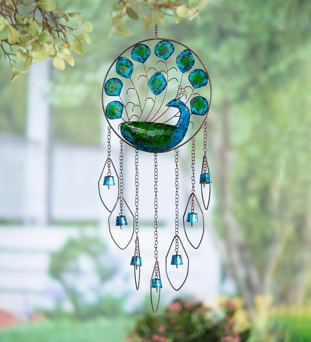 Bits and Pieces Colorful Peacock Wind Chimes-Metal and Glass Hanging Sculpture 