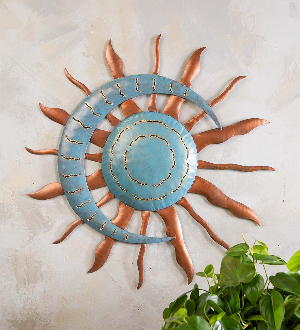 Handcrafted Blue and Copper-Colored Recycled Metal Moon and Sun Wall Art