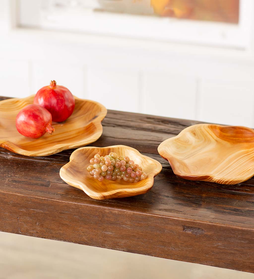 Hand-Carved Root Wood Flower-Shaped Serving Trays, Set of 3