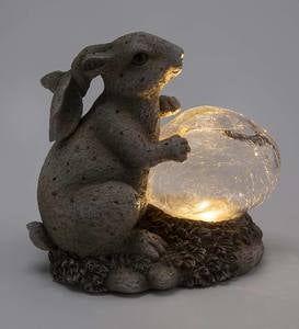Bunny Sculpture with Solar Lighted Crackle-Glass Orb