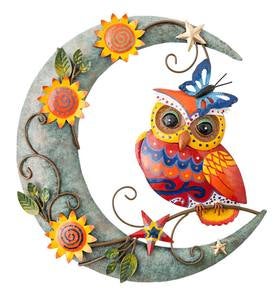 Handcrafted Colorful Owl on Moon Metal Wall Art
