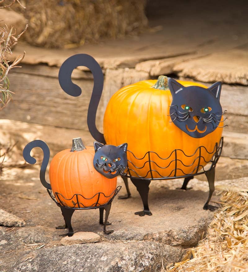 Halloween Cat Pumpkin Holders with Green LED Eyes, Set of 2