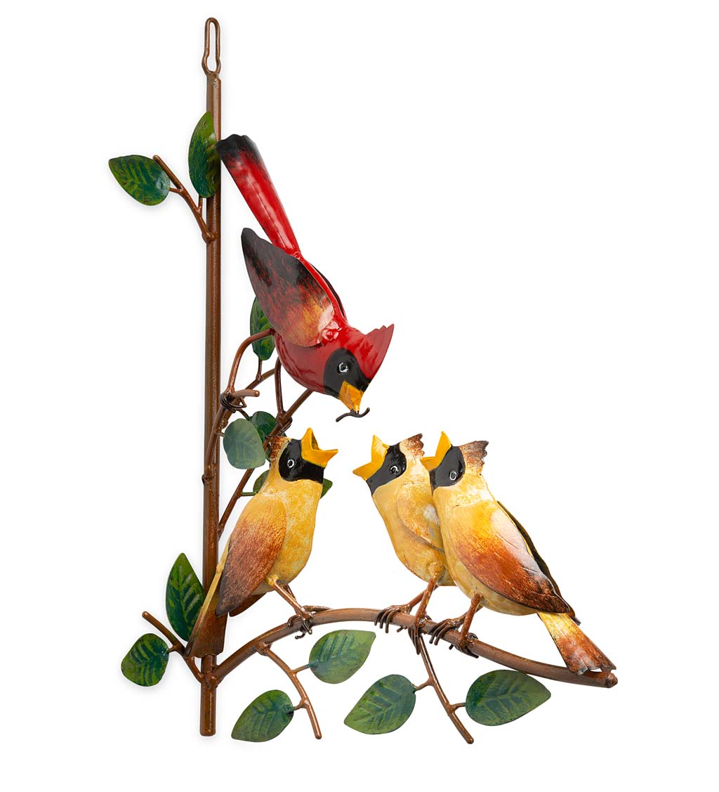 Cardinal Mom Feeding Babies Metal Tree or Wall Hanger