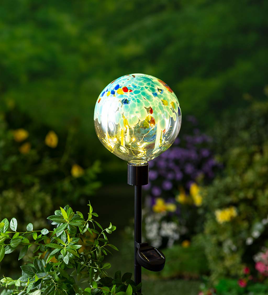 Glowing Glass Solar-Lighted Orb on Metal Stake