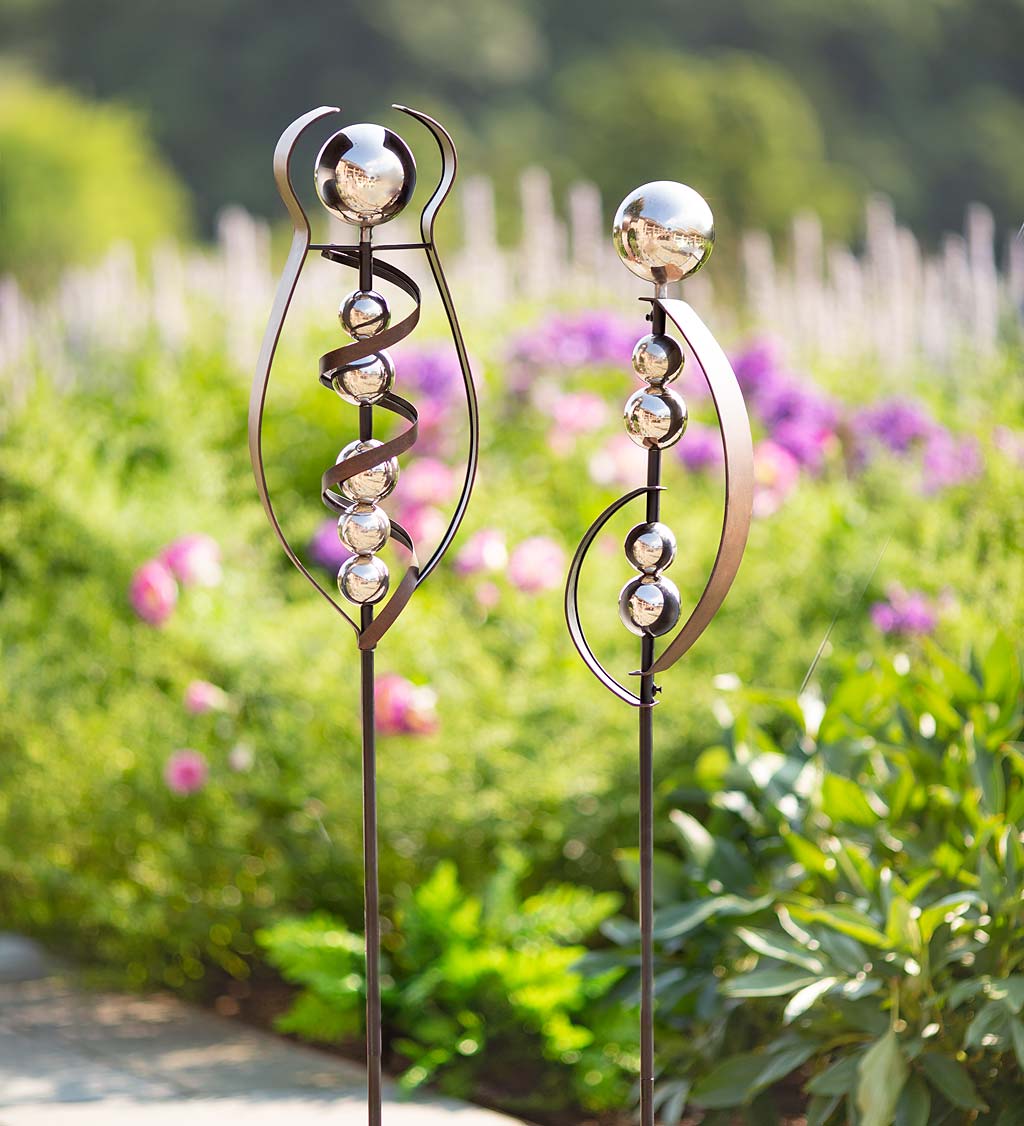 Iron and Stainless Steel Sphere Sculptural Garden Stakes