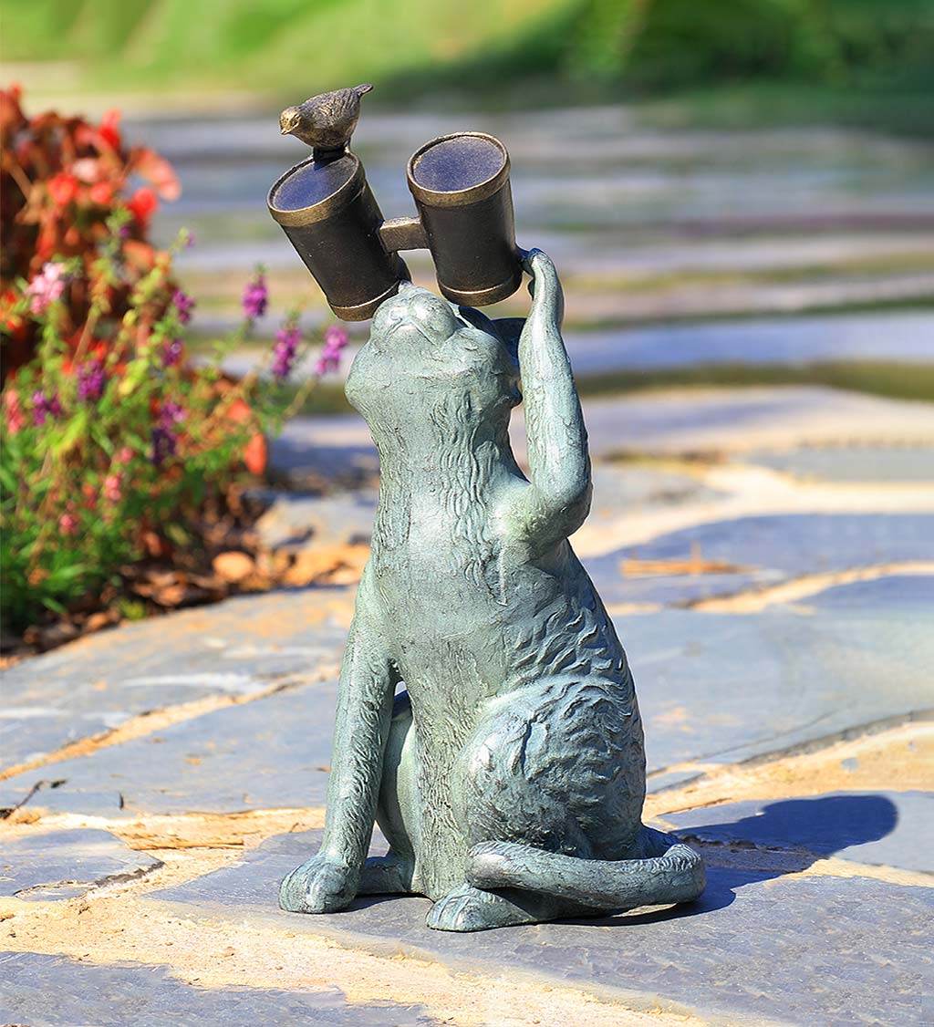 Handcrafted Observant Cat with Binoculars and Bird Sculpture