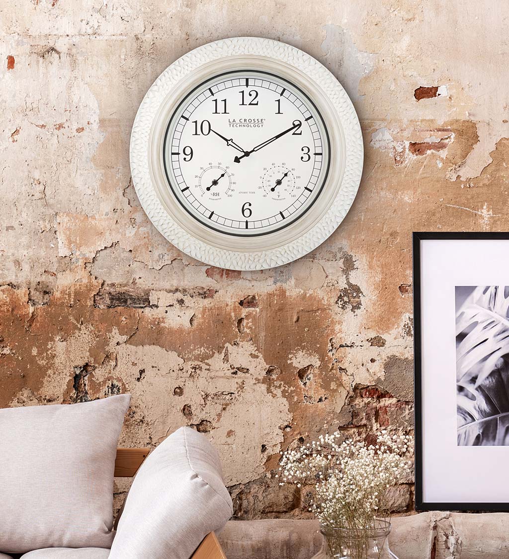 Indoor/Outdoor Atomic Analog Wall Clock with Temperature and Humidity and Whitewashed Hammered Metal Frame