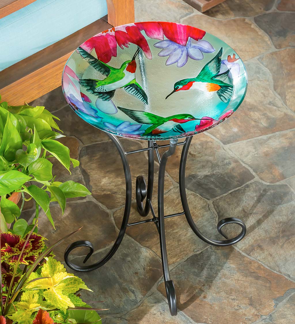 Home Bird Bath Solar Hummingbird Design Glass With Stand Garden New Adorable