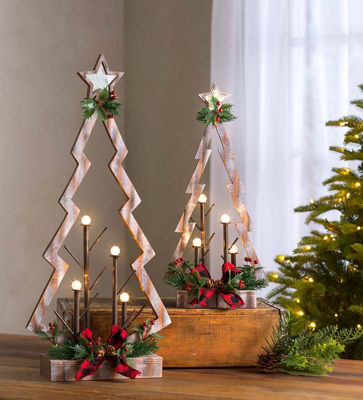 Tabletop Lighted Wooden Christmas Trees, Set of 2 | Wind and Weather