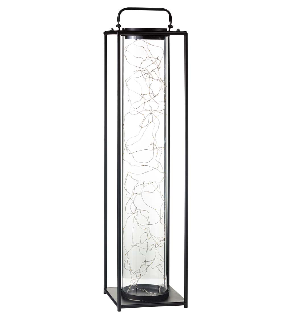 Large Black Metal and Glass Solar-Powered Firefly Lantern with Handle