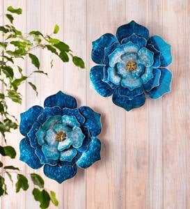Handcrafted Blue Metal Flower with Golden Center Wall Art