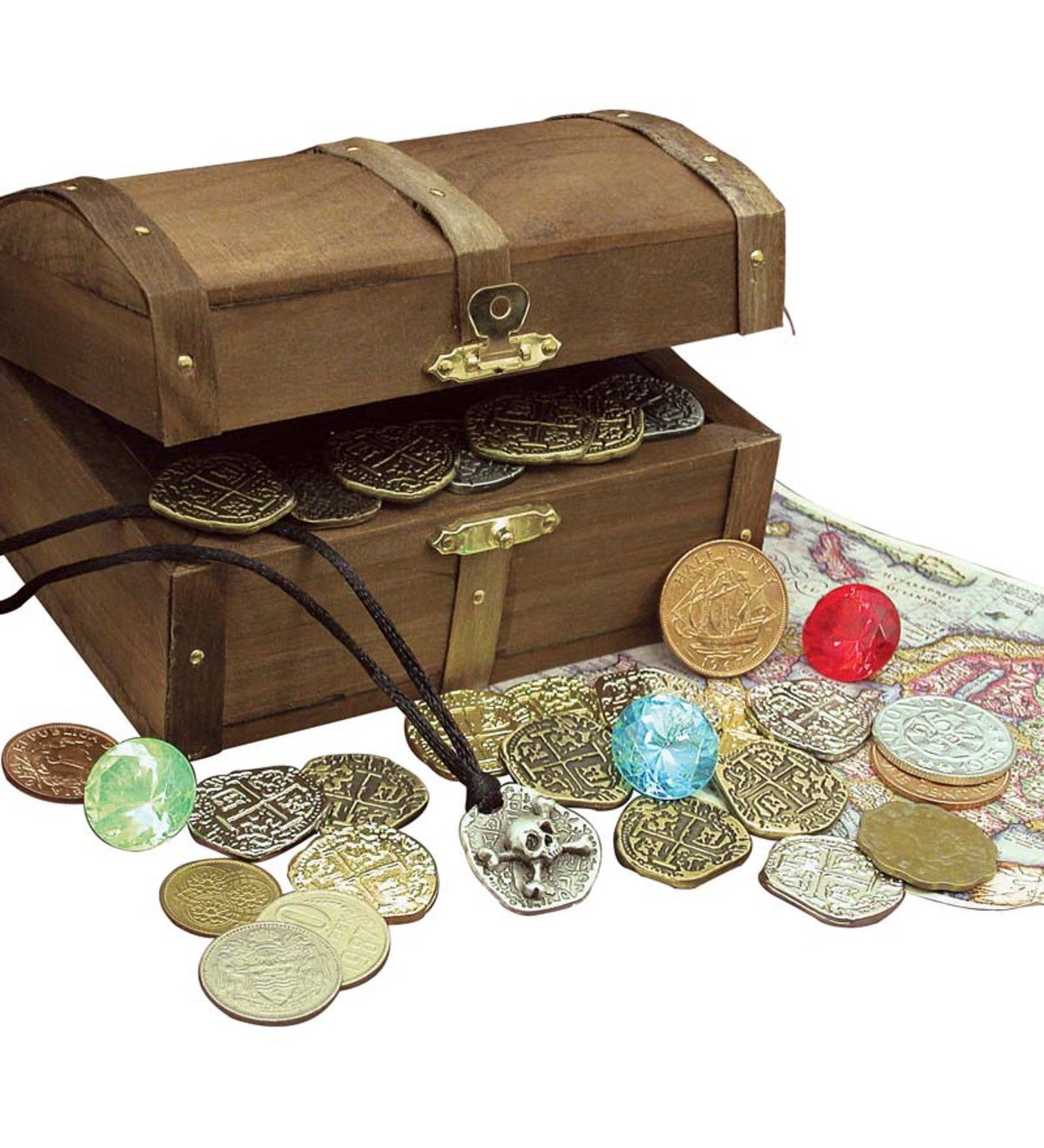 Kid's Treasure Chest with Replica Pirate Coins and Gems