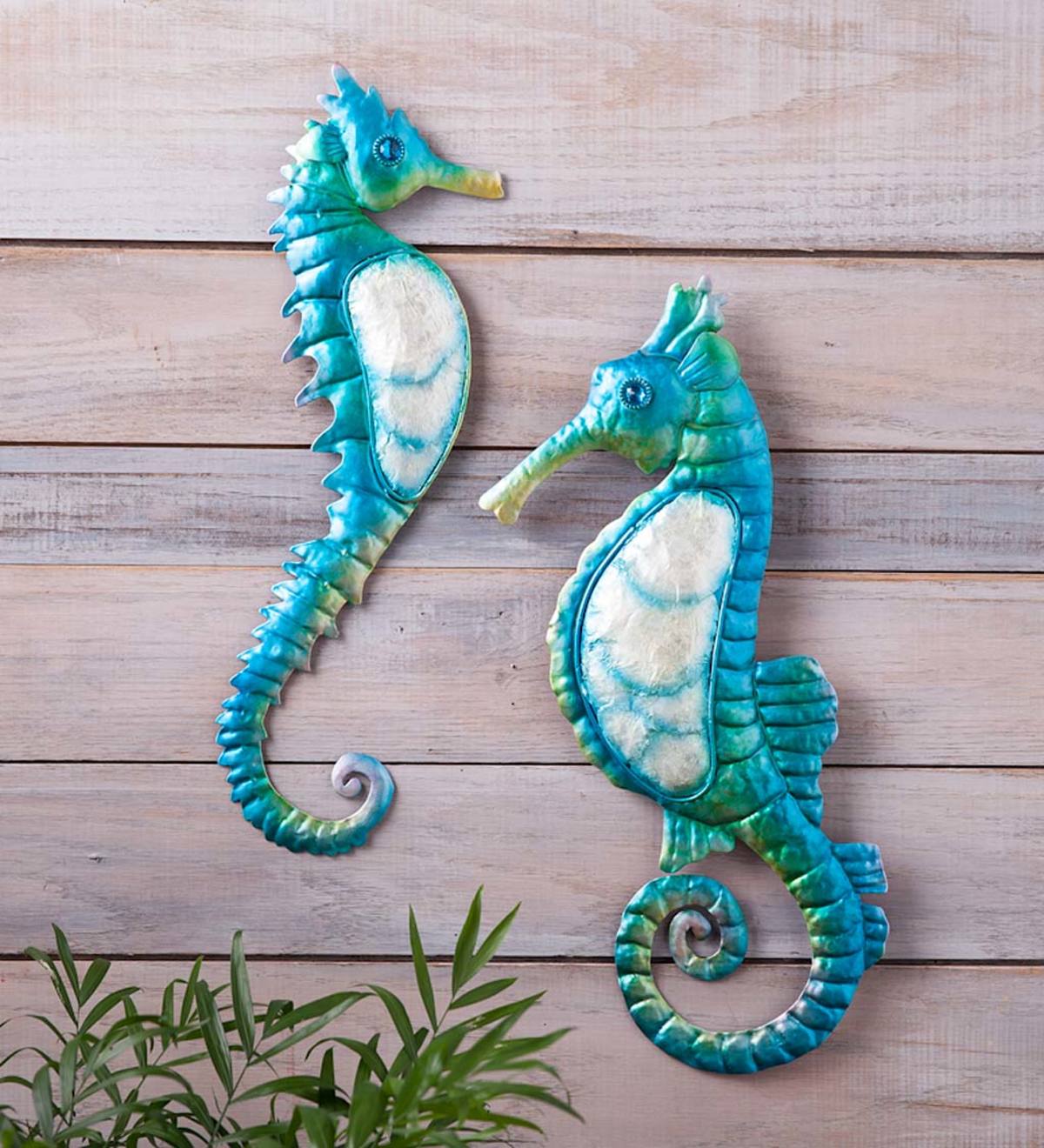 Pair of Blue Seahorses Glass and Metal Wall Art Decor Blue 22"L x 17" Wide 1326 