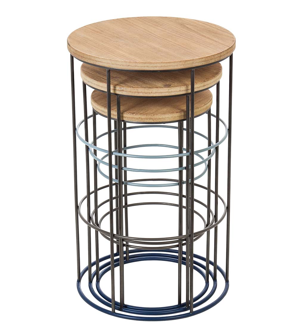 Metal and Wood Round Nesting Side Tables, Set of 3