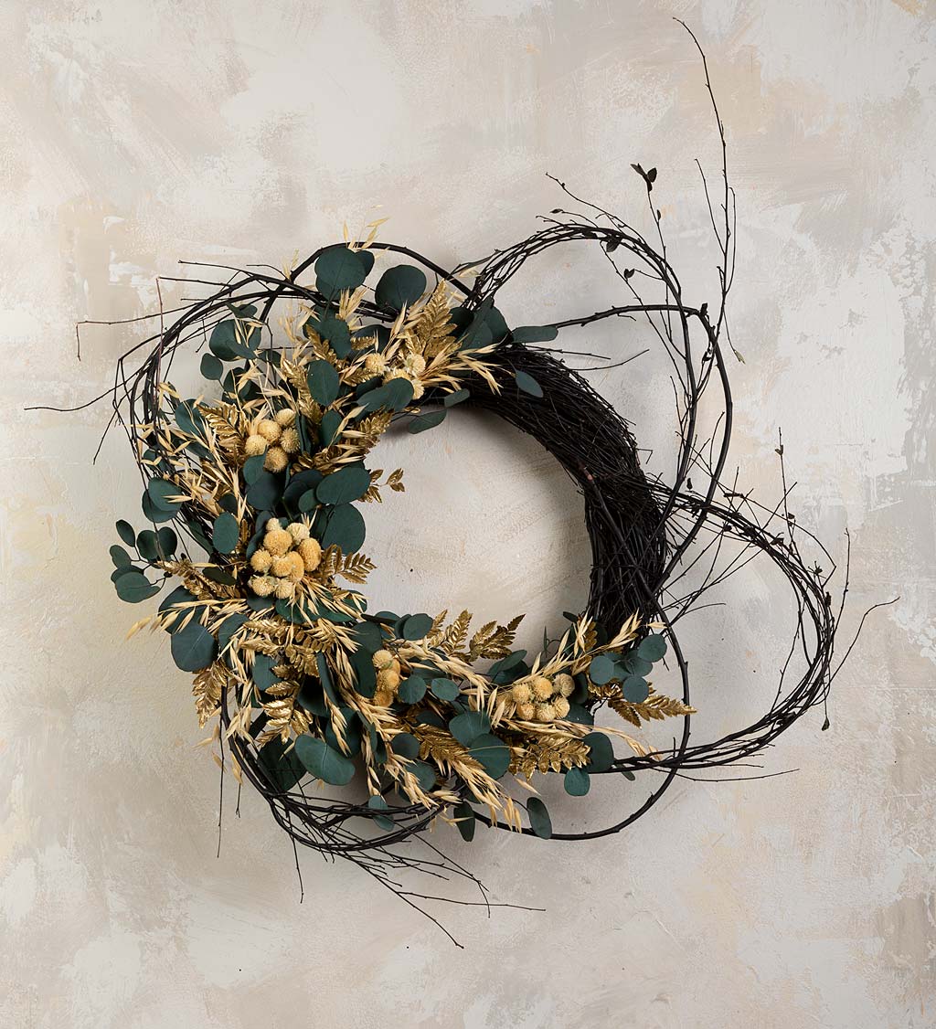 Woven Grapevine Wreath with Eucalyptus and Gold Fern