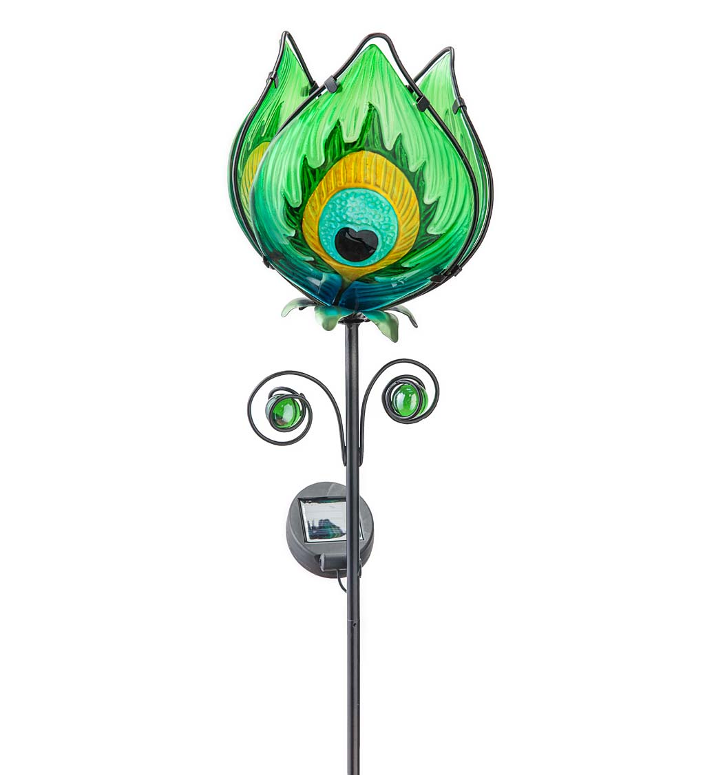 Solar Lighted Metal and Glass Flower Garden Stake - Blue | Wind and Weather