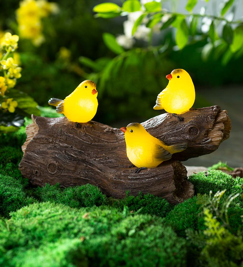 Solar Lighted Yellow Finches on a Log Garden Sculpture