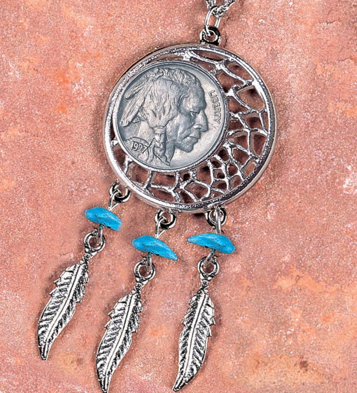 Necklace authentic Buffalo Indian Nickel coin feather pendant dream catcher 