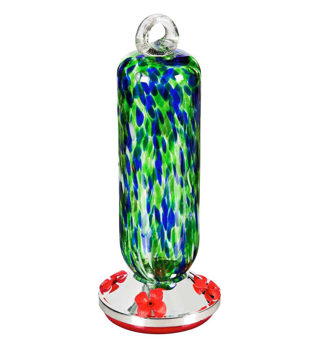 Blue and Green Speckle Glass Hummingbird Feeder