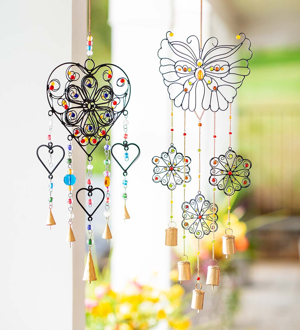 Handcrafted Beaded Butterfly Flower Wind Chime with Five Metal Bells