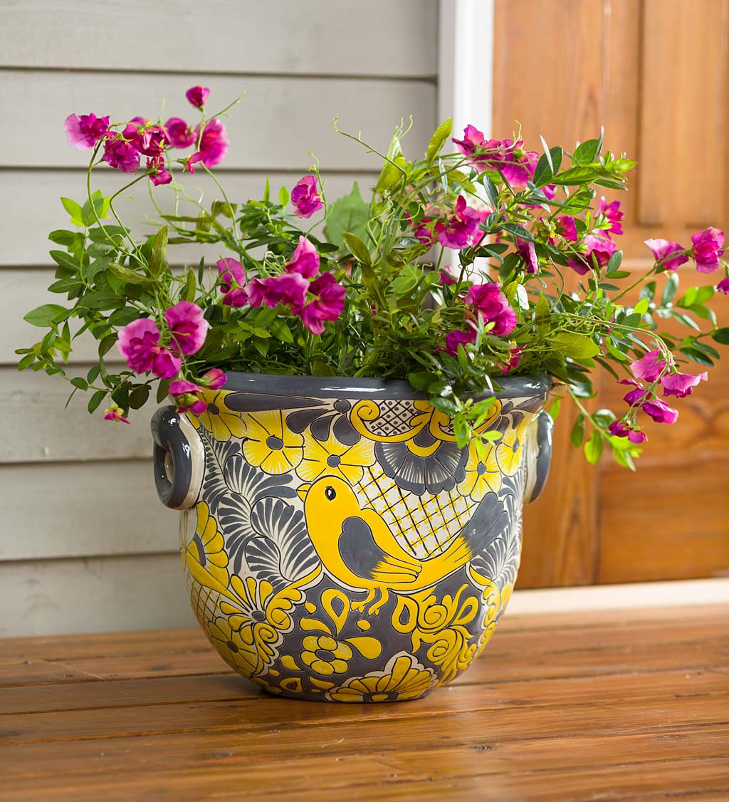 Large Yellow Hand-Painted Talavera-Style Clay Planter