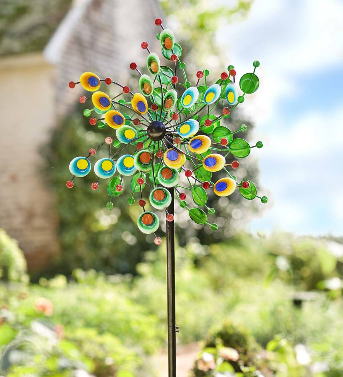 Multi-Colored Spiral Metal and Glass Dual-Rotor Wind Spinner