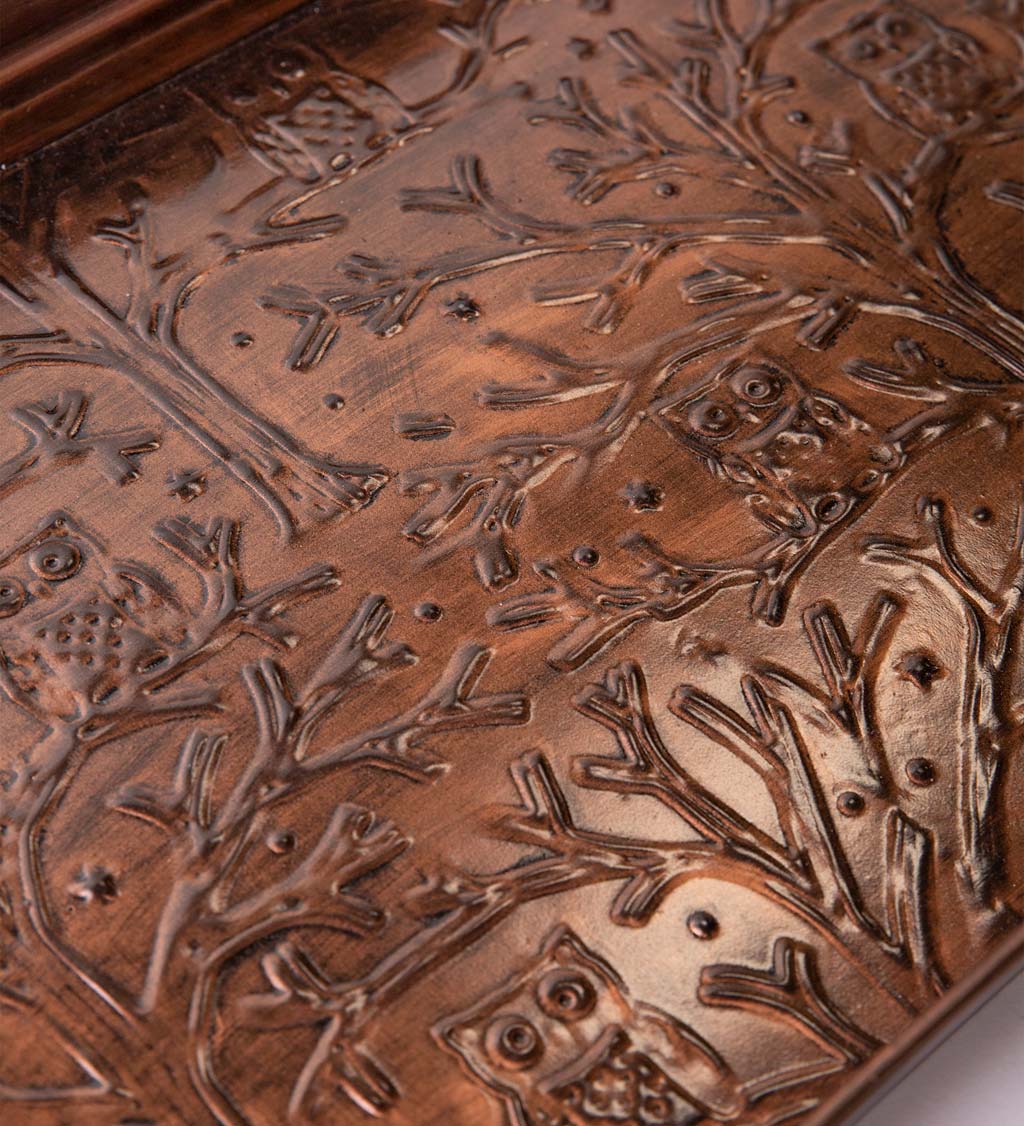 Dark Copper-Colored Metal Boot Tray with Embossed Tree of Life Design
