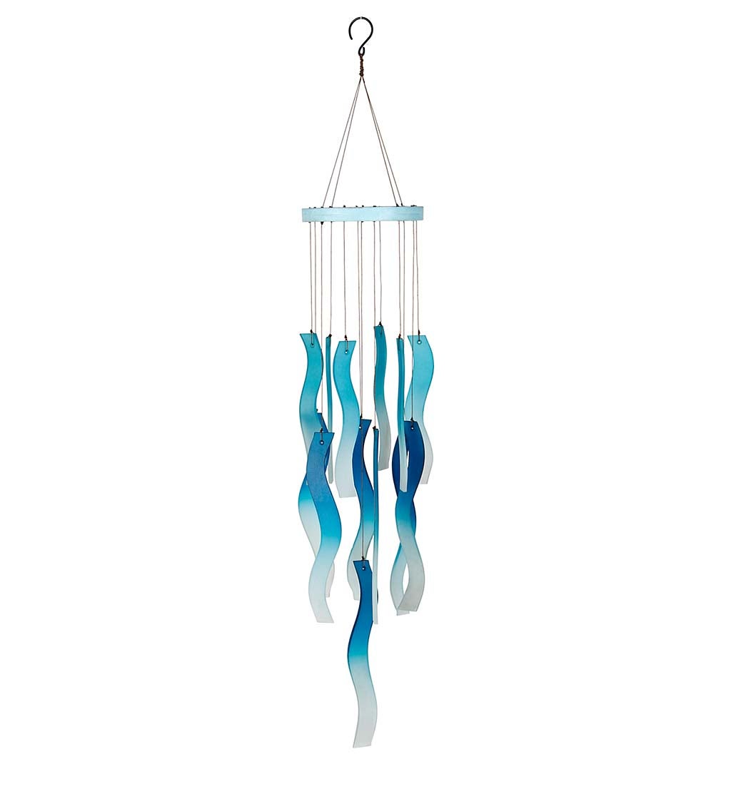 Blue Ocean Waves Frosted Glass 23-Inch Long Wind Chime