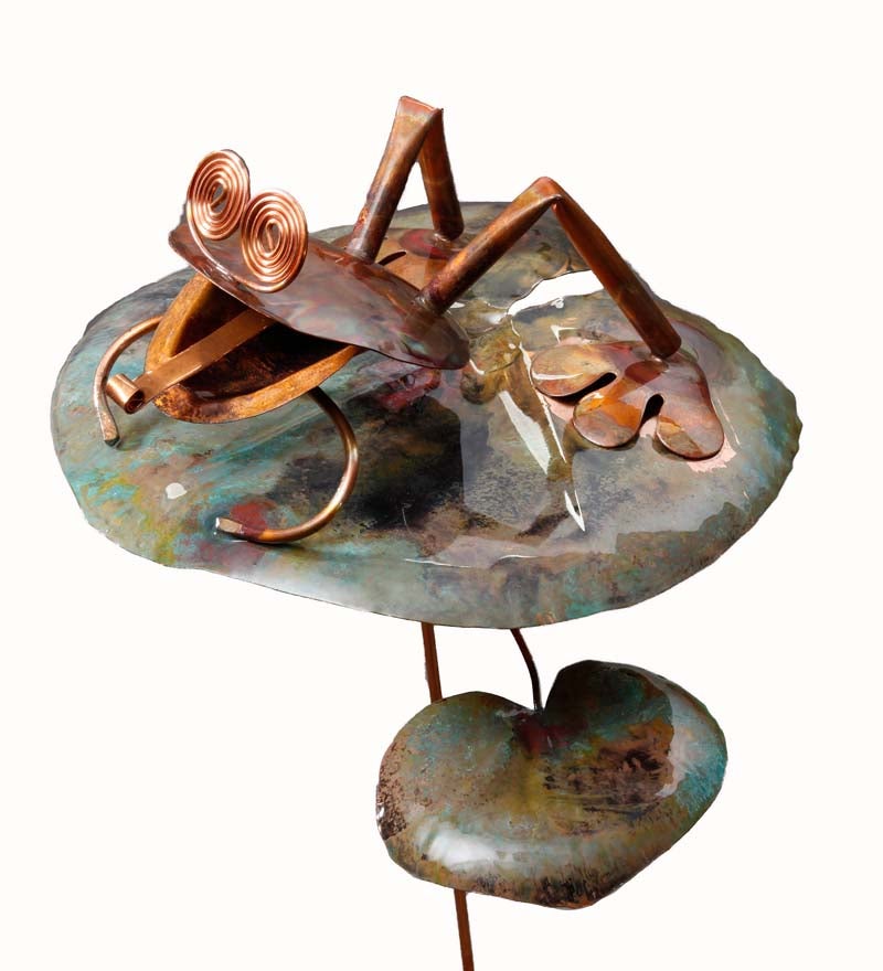 Handcrafted Copper Frog on Lily Pad Garden Stake