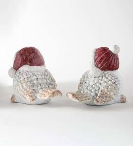 Indoor/Outdoor Holiday Snowbird Figurines with Red Santa Hats, Set of 2