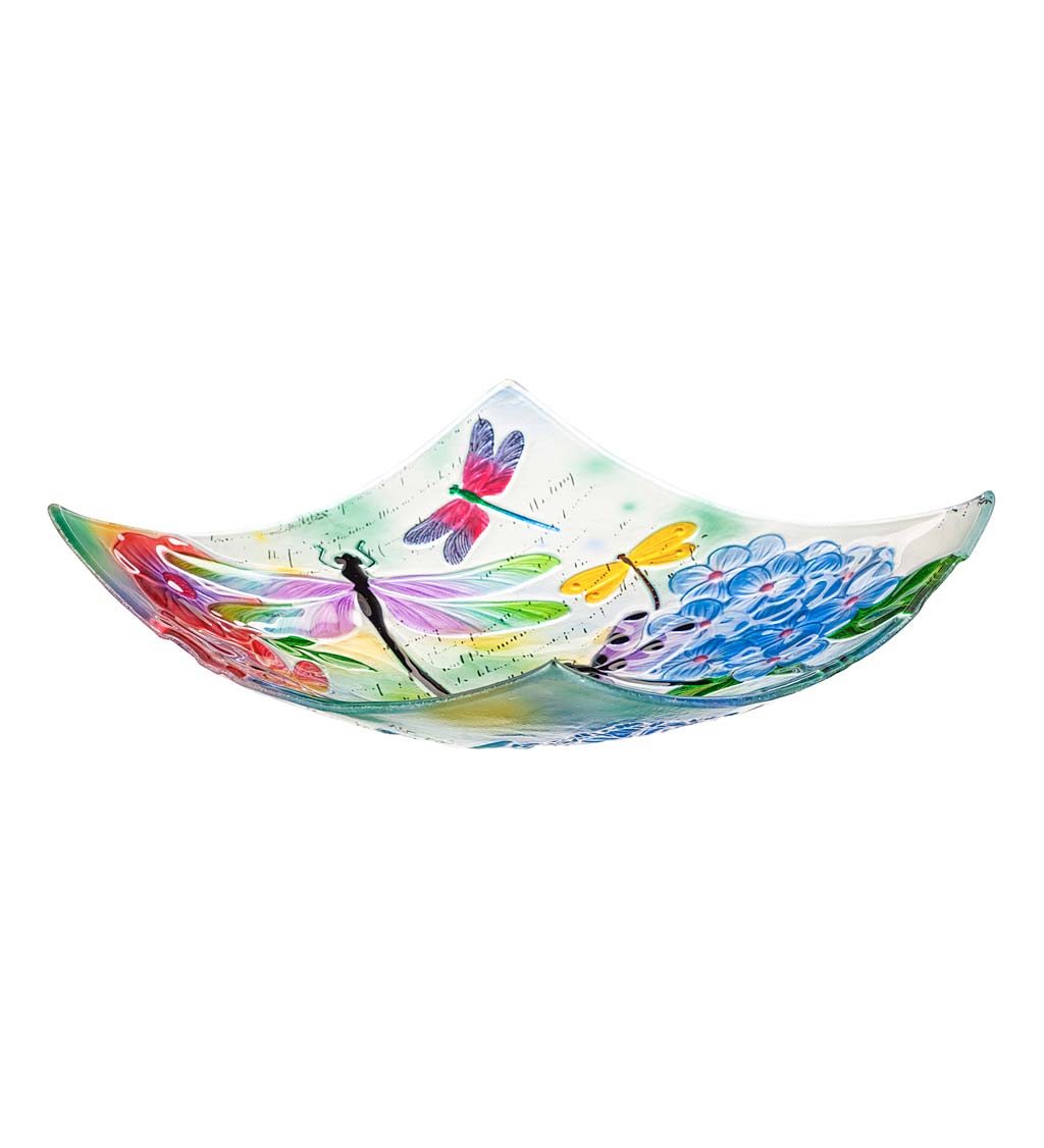 Hand-Painted Embossed Square Glass Dragonfly and Flowers Bird Bath