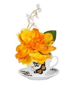 Faux Floral Arrangement in Tea Cup and Saucer