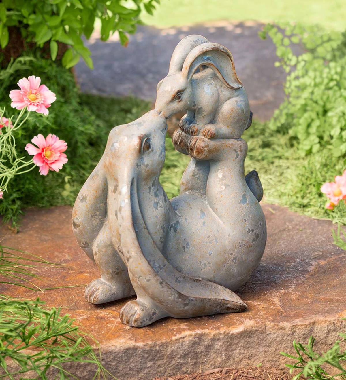 Mama Balancing Baby Bunny Resin Indoor/Outdoor Stone Finish Sculpture