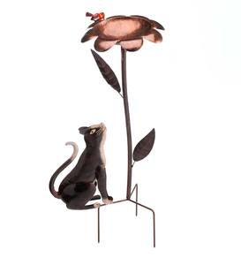 Metal Cat, Bird and Flower Birdbath