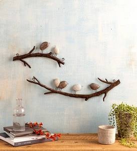Four Faux River Rock Birds on a Metal Branch Wall Art